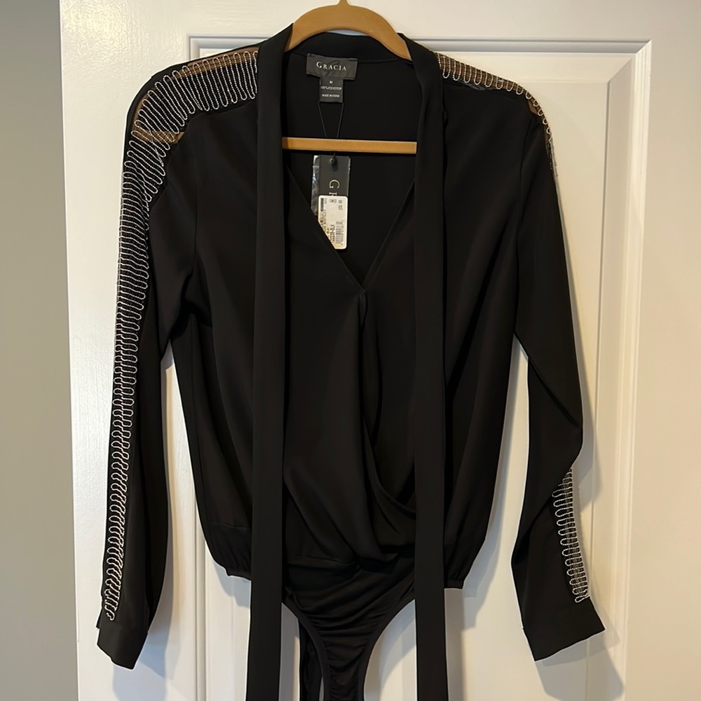 Gracia Black Bodysuit with Silver & Sheer Arms